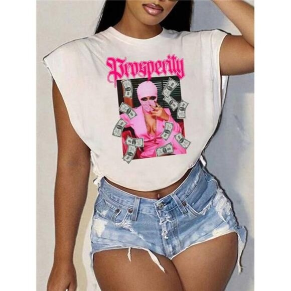 Dollar Hooded Pattern Round Neck Short Sleeve Tight Short Women's T-Shirt - Picture 1 of 4